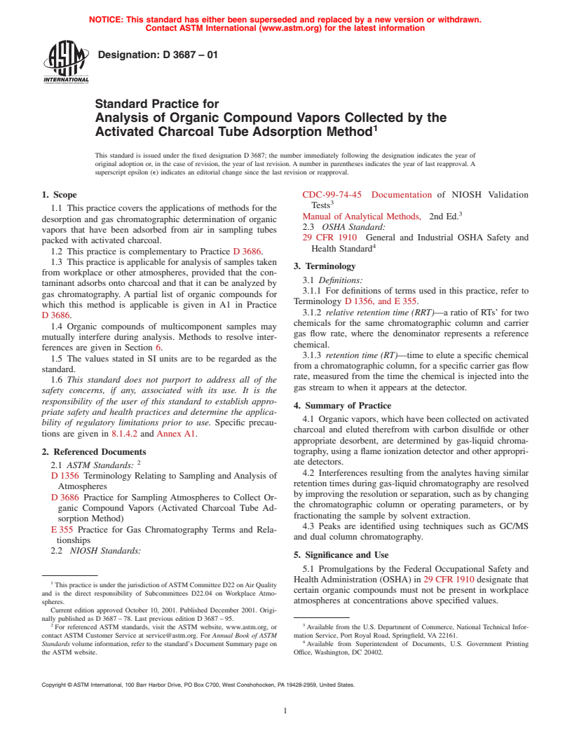 ASTM D3687-01 - Standard Practice for Analysis of Organic Compound Vapors Collected by the Activated Charcoal Tube Adsorption Method