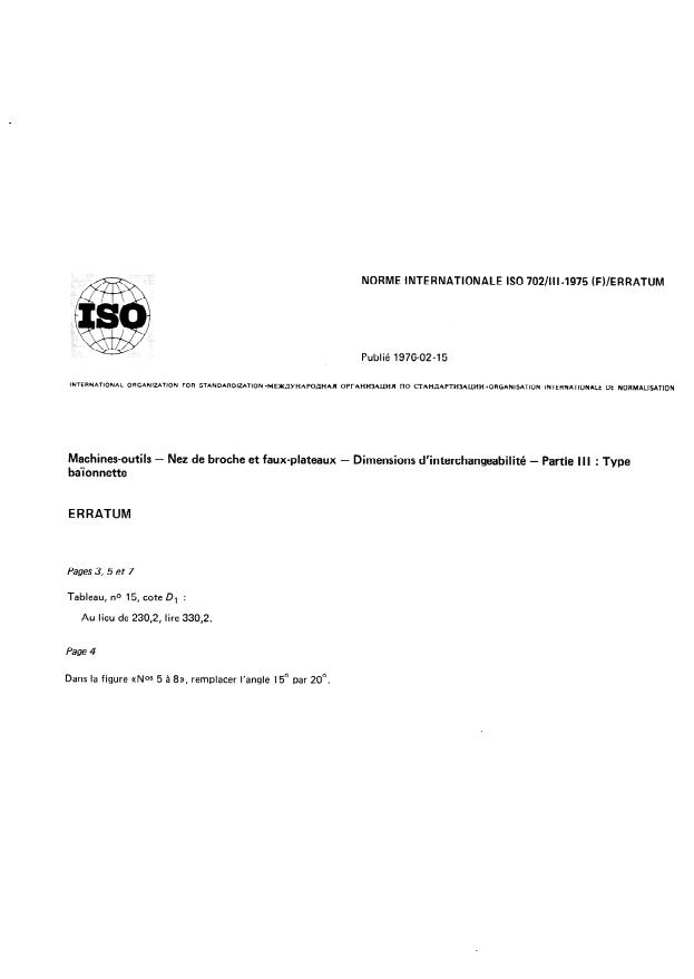 ISO 702-3:1975 - Machines-outils -- Nez de broches et faux-plateaux -- Dimensions d'interchangeabilité