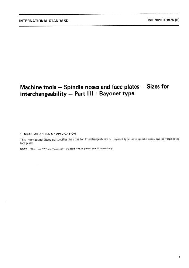 ISO 702-3:1975 - Machine tools -- Spindle noses and face plates -- Sizes for interchangeability