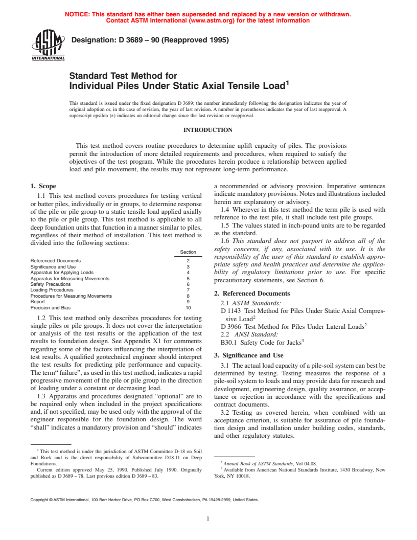 ASTM D3689-90(1995) - Standard Test Method for Individual Piles Under Static Axial Tensile Load (Withdrawn 2005)