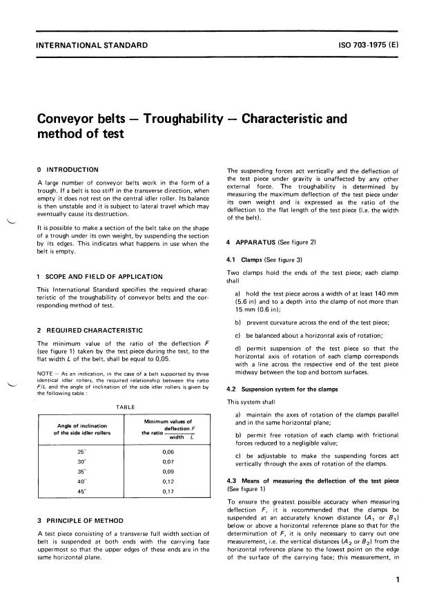 ISO 703:1975 - Conveyor belts -- Troughability -- Characteristic and method of test