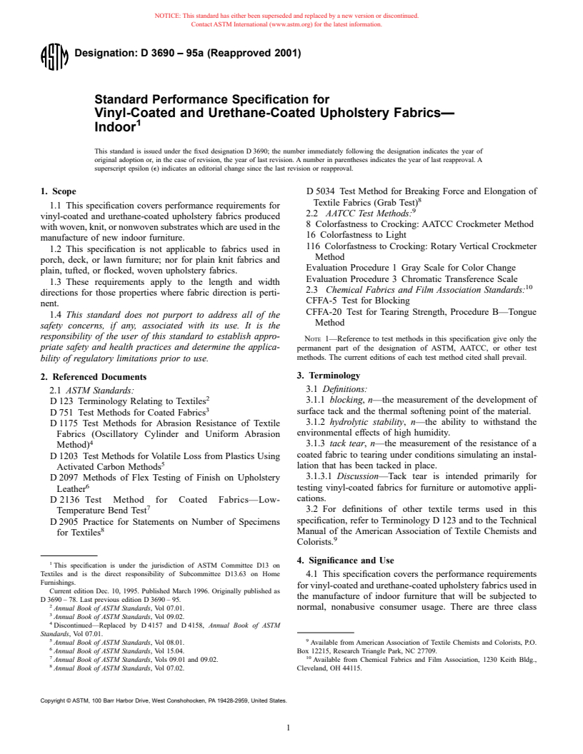 ASTM D3690-95a(2001) - Standard Performance Specification for Vinyl-Coated and Urethane-Coated Upholstery Fabrics-Indoor