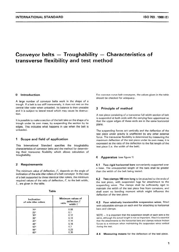 ISO 703:1988 - Conveyor belts -- Troughability -- Characteristics of transverse flexibility and test method