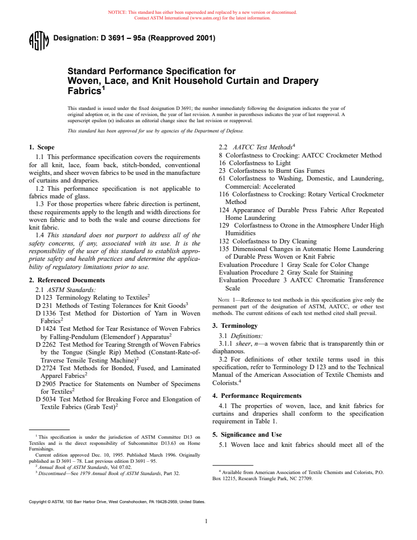 ASTM D3691-95a(2001) - Standard Performance Specification for Woven, Lace, and Knit Household Curtain and Drapery Fabrics