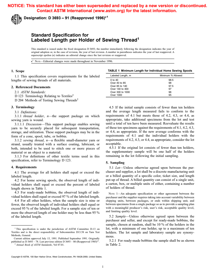 ASTM D3693-91(1996)e1 - Standard Specification for Labeled Length per Holder of Sewing Thread