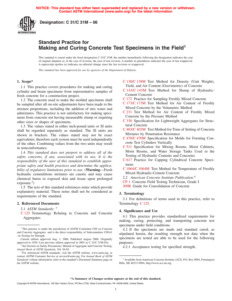 ASTM C31/C31M-06 - Standard Practice for Making and Curing Concrete Test Specimens in the Field