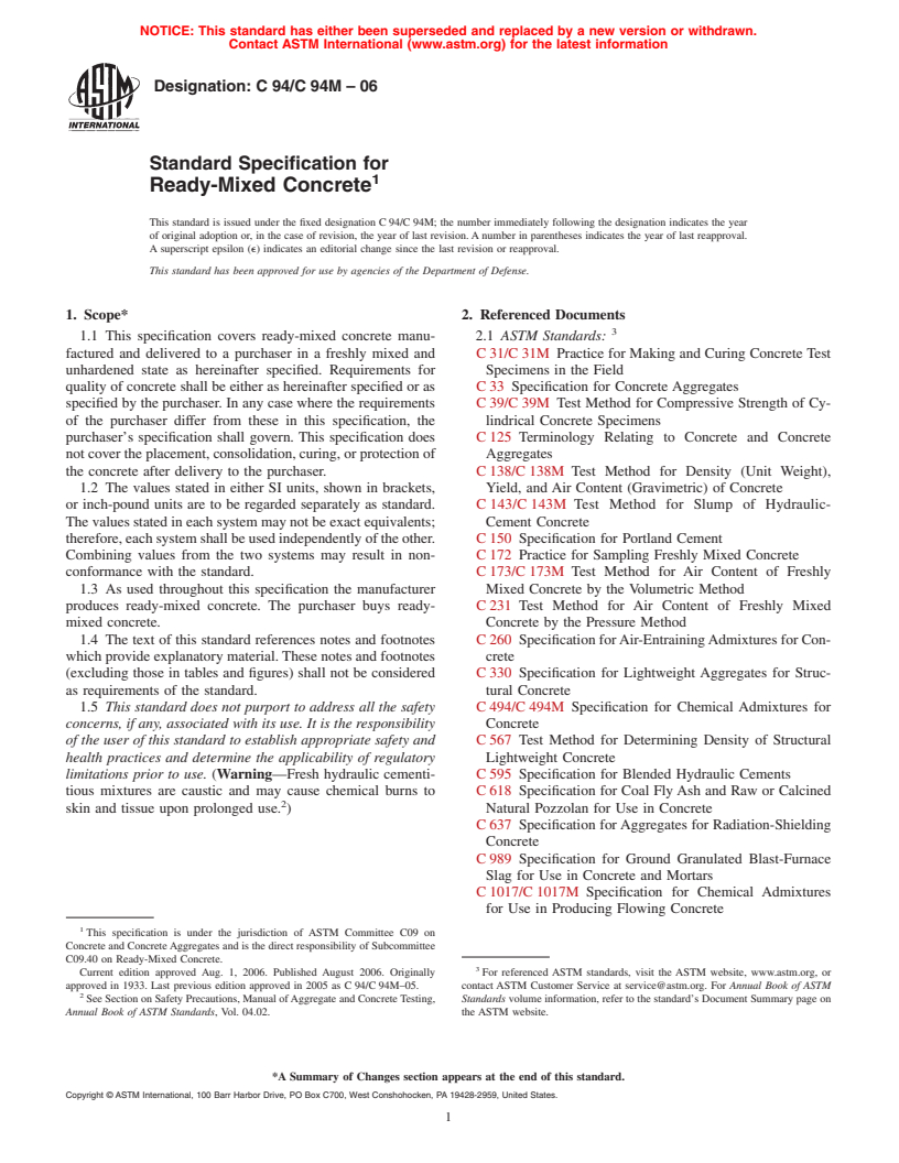 ASTM C94/C94M-06 - Standard Specification for Ready-Mixed Concrete