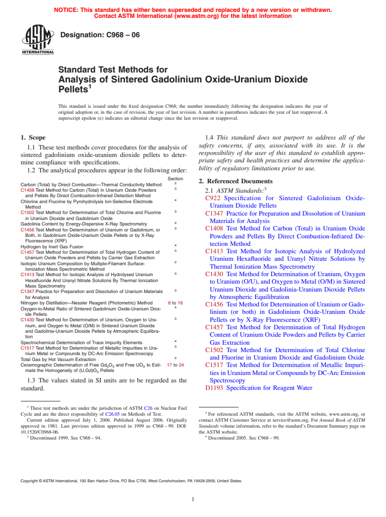 ASTM C968-06 - Standard Test Methods for Analysis of Sintered Gadolinium Oxide-Uranium Dioxide Pellets