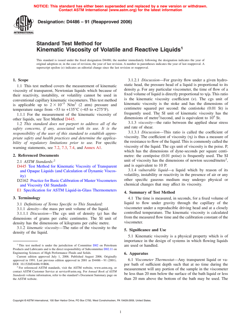 ASTM D4486-91(2006) - Standard Test Method for Kinematic Viscosity of Volatile and Reactive Liquids