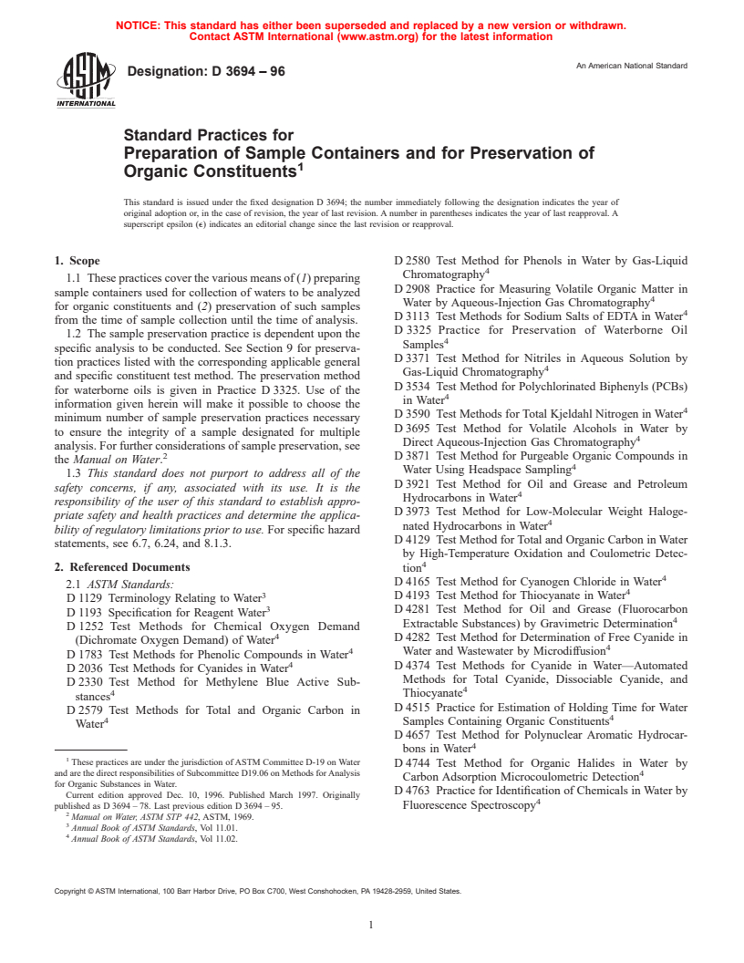 ASTM D3694-96 - Standard Practices for Preparation of Sample Containers and for Preservation of Organic Constituents