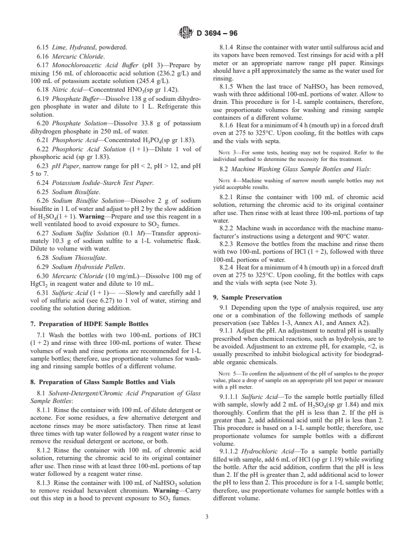 ASTM D3694-96 - Standard Practices for Preparation of Sample Containers and for Preservation of Organic Constituents