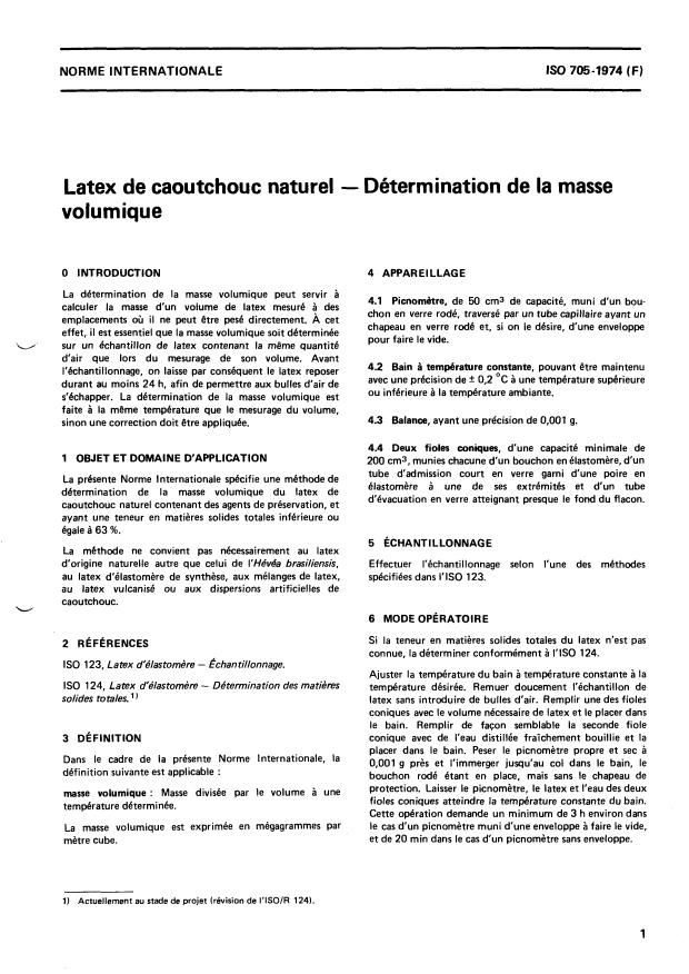 ISO 705:1974 - Latex de caoutchouc naturel -- Détermination de la masse volumique