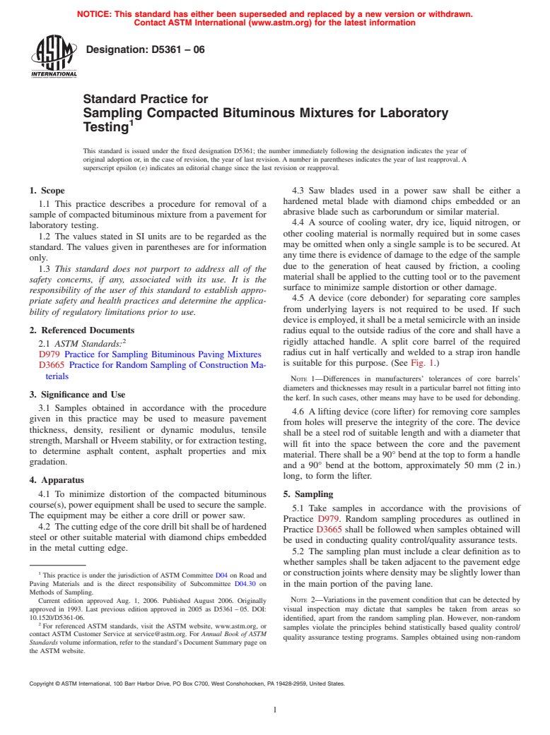 ASTM D5361-06 - Standard Practice for Sampling Compacted Bituminous Mixtures for Laboratory Testing