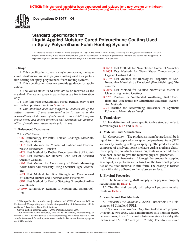 ASTM D6947-06 - Standard Specification for Liquid Applied Moisture Cured Polyurethane Coating Used in Spray Polyurethane Foam Roofing System