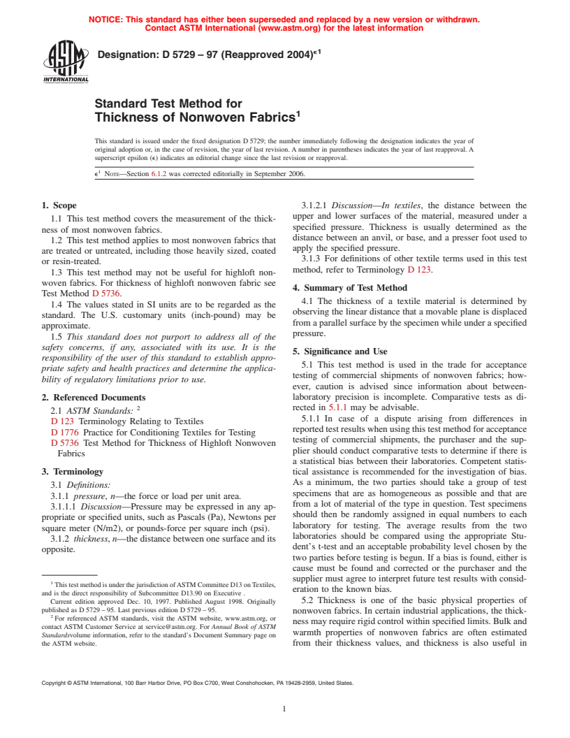 ASTM D5729-97(2004)e1 - Standard Test Method for Thickness of Nonwoven Fabrics (Withdrawn 2008)