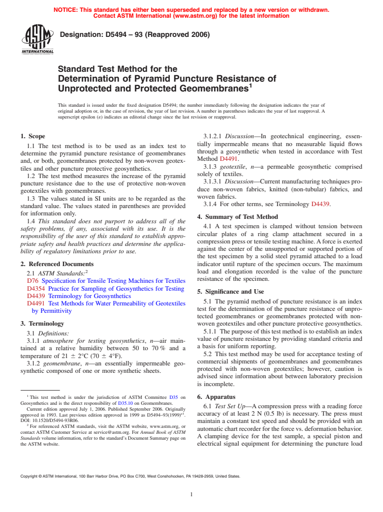 ASTM D5494-93(2006) - Standard Test Method for the Determination of Pyramid Puncture Resistance of Unprotected and Protected Geomembranes