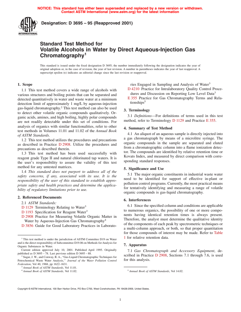 ASTM D3695-95(2001) - Standard Test Method for Volatile Alcohols in Water by Direct Aqueous-Injection Gas Chromatography