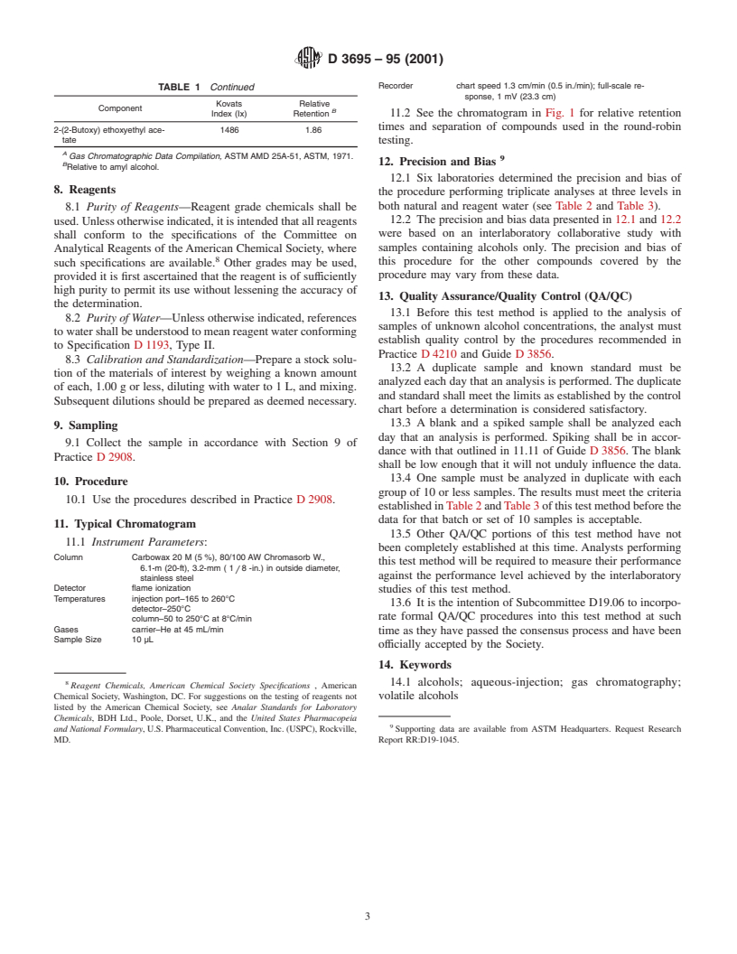 ASTM D3695-95(2001) - Standard Test Method for Volatile Alcohols in Water by Direct Aqueous-Injection Gas Chromatography