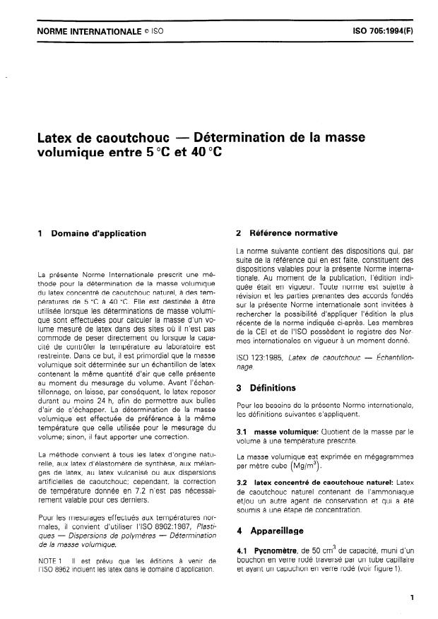 ISO 705:1994 - Latex de caoutchouc -- Détermination de la masse volumique entre 5 degrés C et 40 degrés C