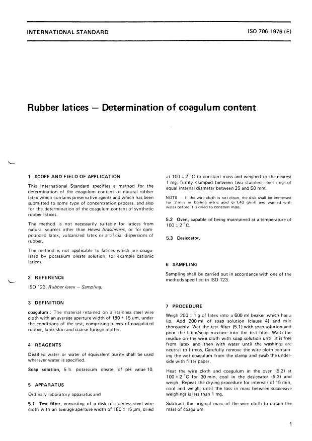 ISO 706:1976 - Rubber latices -- Determination of coagulum content