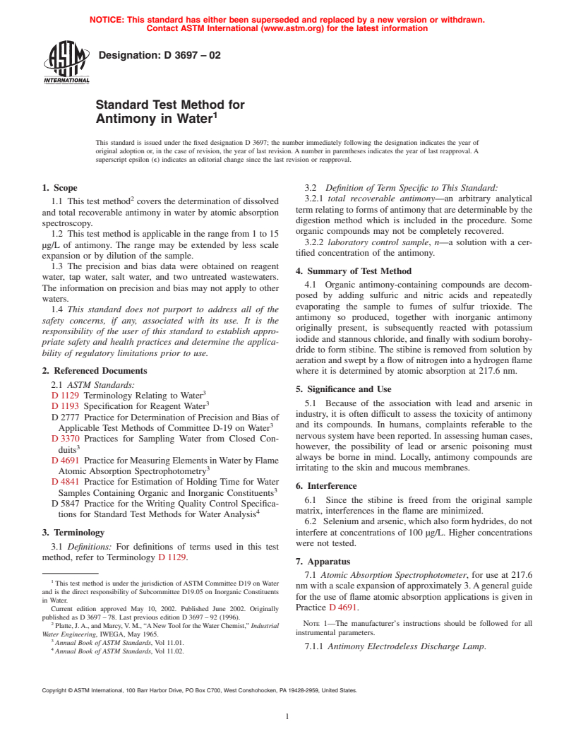 ASTM D3697-02 - Standard Test Method for Antimony in Water