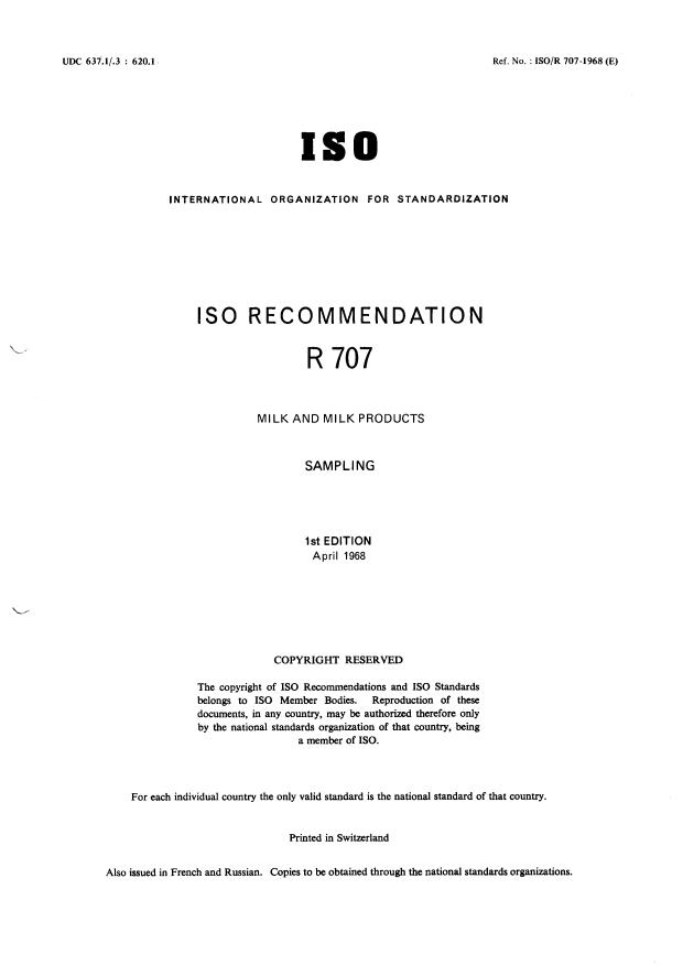 ISO/R 707:1968 - Milk and milk products -- Sampling