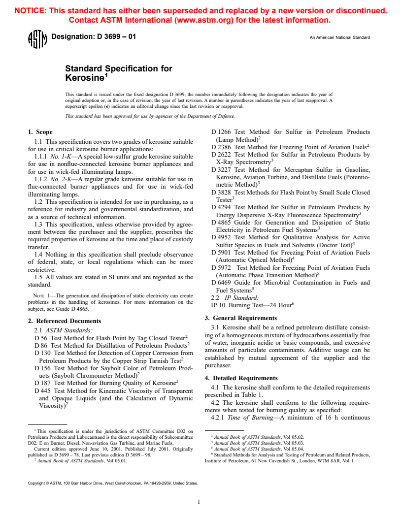 ASTM D3699-01 - Standard Specification for Kerosine