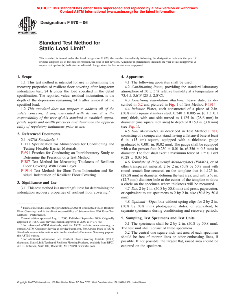 ASTM F970-06 - Standard Test Method for Static Load Limit