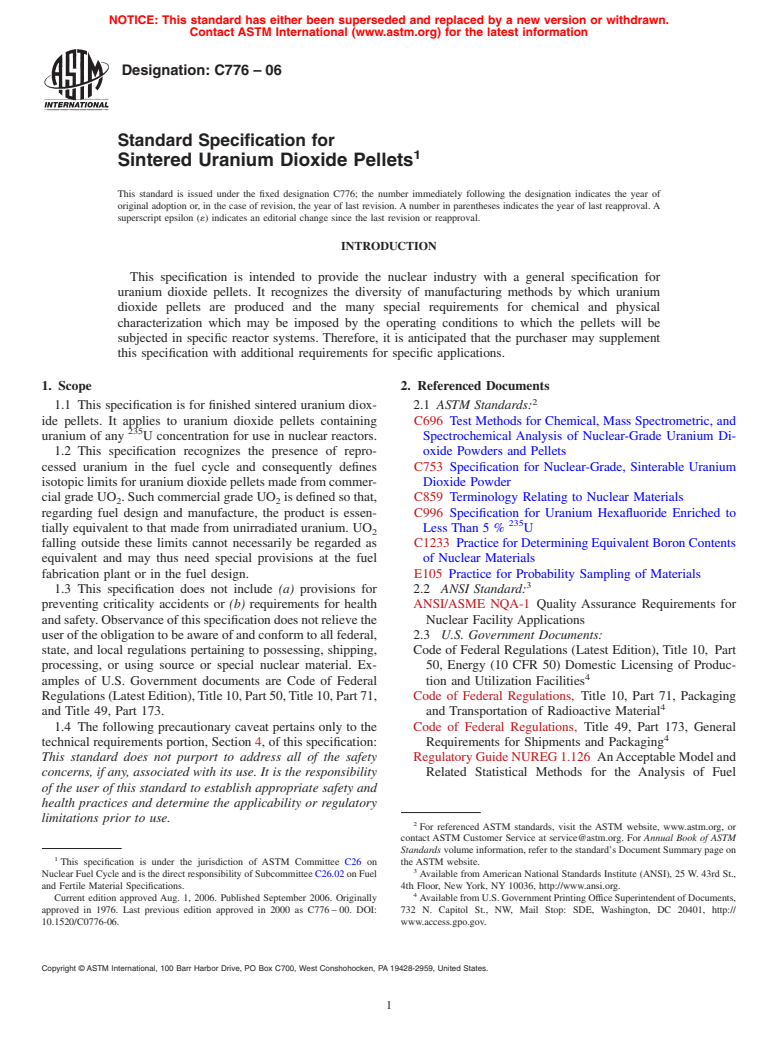 ASTM C776-06 - Standard Specification for Sintered Uranium Dioxide Pellets