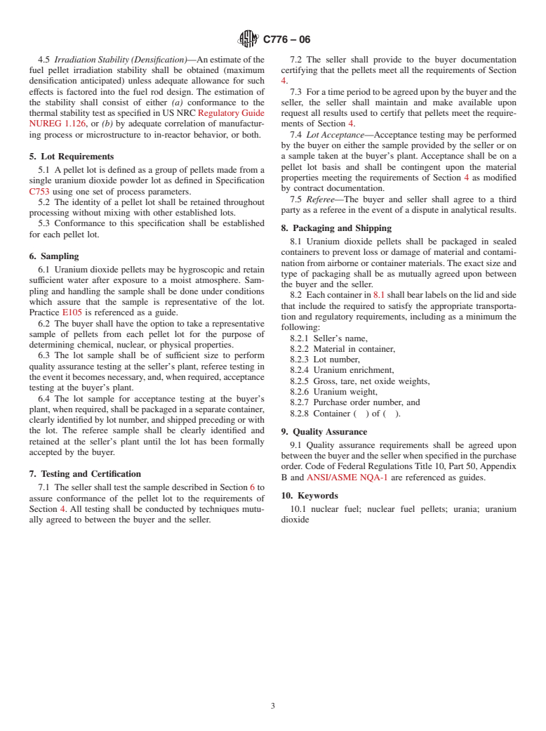 ASTM C776-06 - Standard Specification for Sintered Uranium Dioxide Pellets