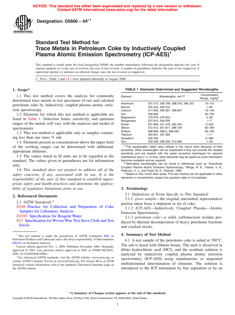 ASTM D5600-04e1 - Standard Test Method for Trace Metals in Petroleum Coke by Inductively Coupled Plasma Atomic Emission Spectrometry (ICP-AES)