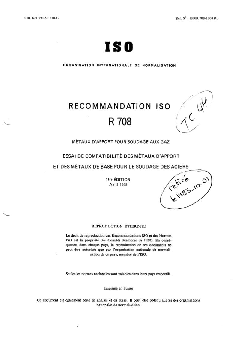 ISO/R 708:1968 - Withdrawal of ISO/R 708-1968
Released:4/1/1968