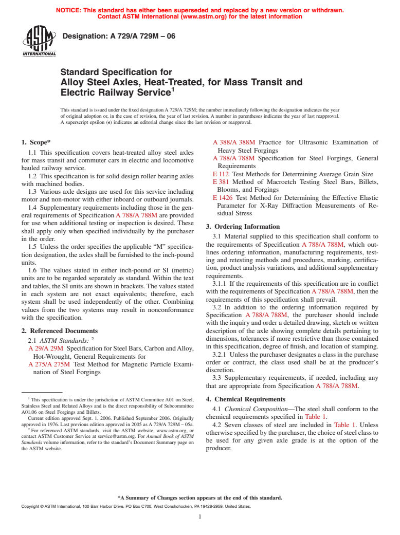 ASTM A729/A729M-06 - Standard Specification for Alloy Steel Axles, Heat-Treated, for Mass Transit and Electric Railway Service