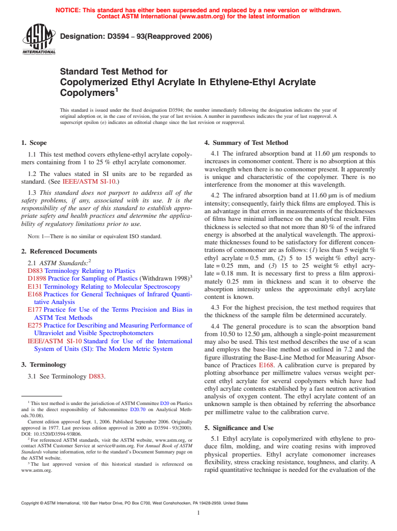 ASTM D3594-93(2006) - Standard Test Method for Copolymerized Ethyl Acrylate In Ethylene-Ethyl Acrylate Copolymers