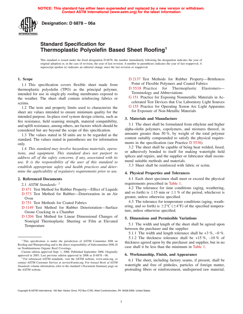 ASTM D6878-06a - Standard Specification for Thermoplastic Polyolefin Based Sheet Roofing