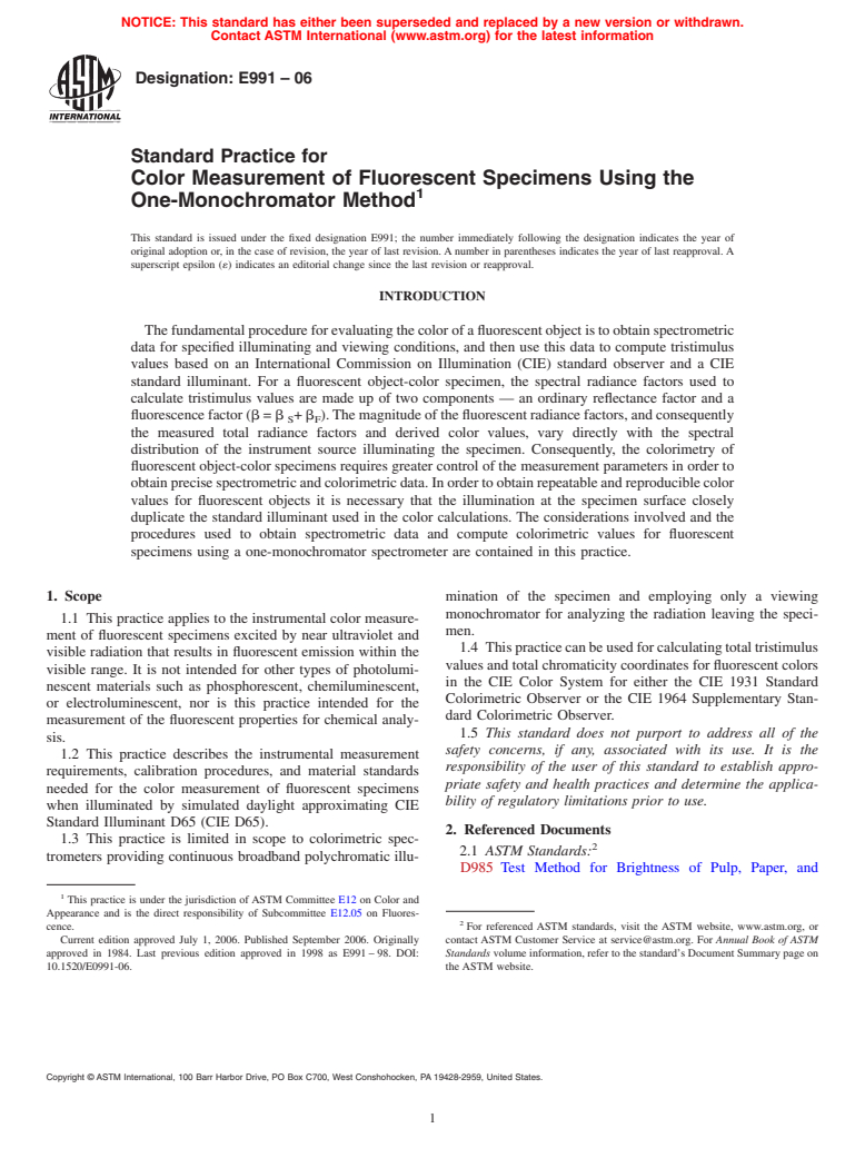 ASTM E991-06 - Standard Practice for Color Measurement of Fluorescent Specimens Using the One-Monochromator Method