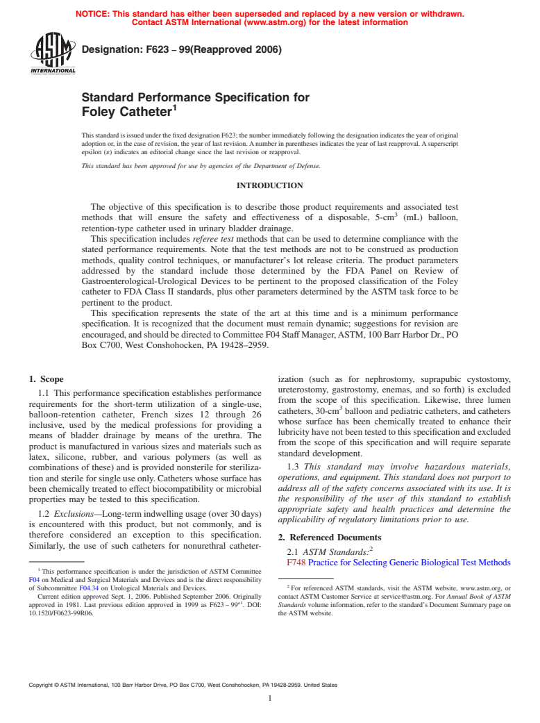 ASTM F623-99(2006) - Standard Performance Specification for Foley Catheter