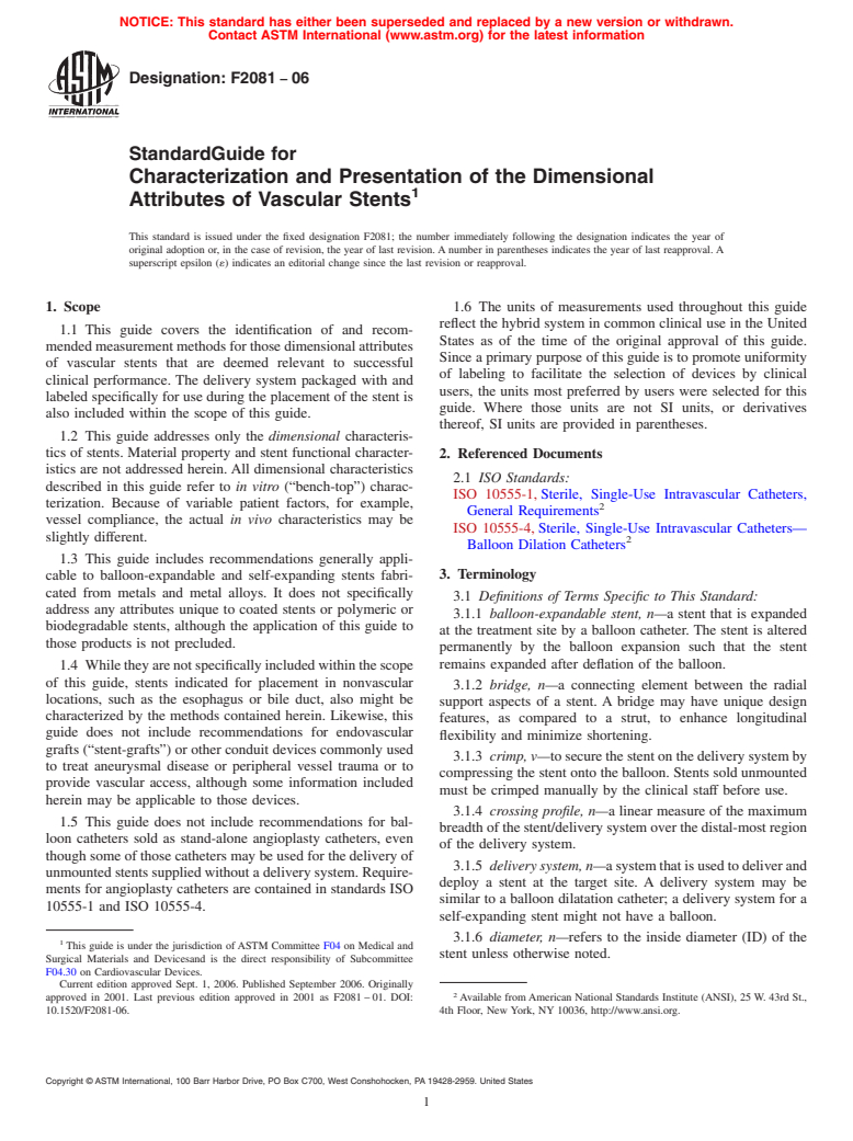 ASTM F2081-06 - Standard Guide for Characterization and Presentation of the Dimensional Attributes of Vascular Stents