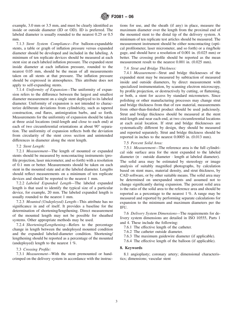 ASTM F2081-06 - Standard Guide for Characterization and Presentation of the Dimensional Attributes of Vascular Stents