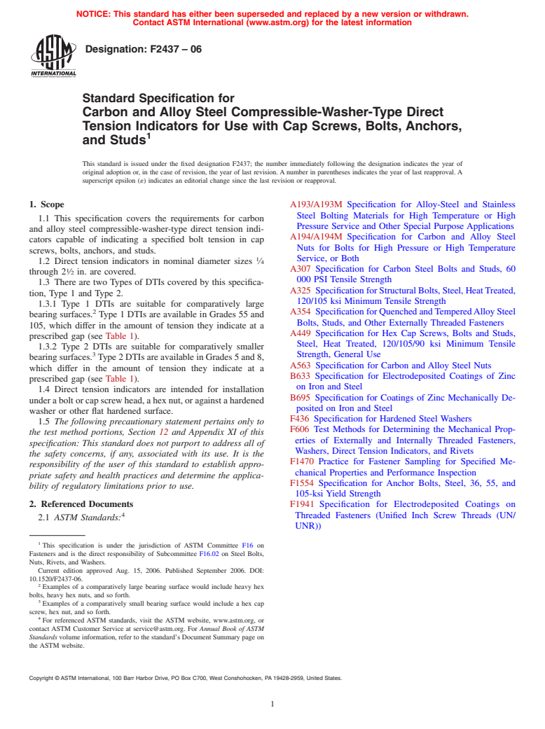 ASTM F2437-06 - Standard Specification for Carbon and Alloy Steel Compressible-Washer-Type Direct Tension Indicators for Use with Cap Screws, Bolts, Anchors, and Studs