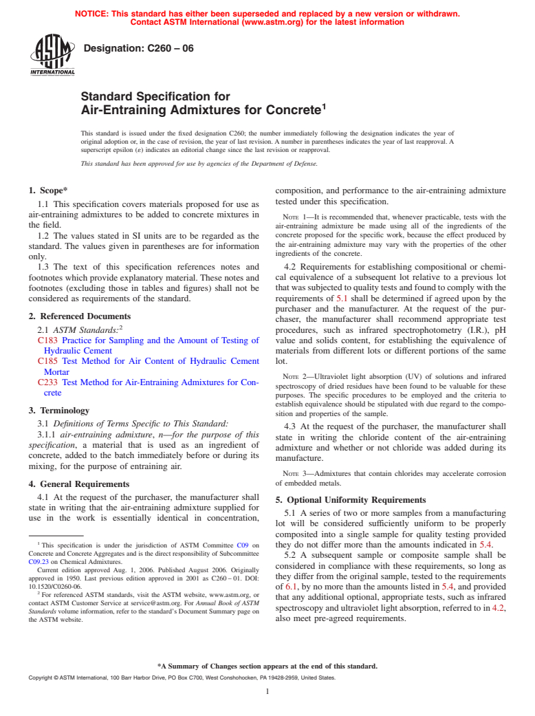 ASTM C260-06 - Standard Specification for Air-Entraining Admixtures for Concrete