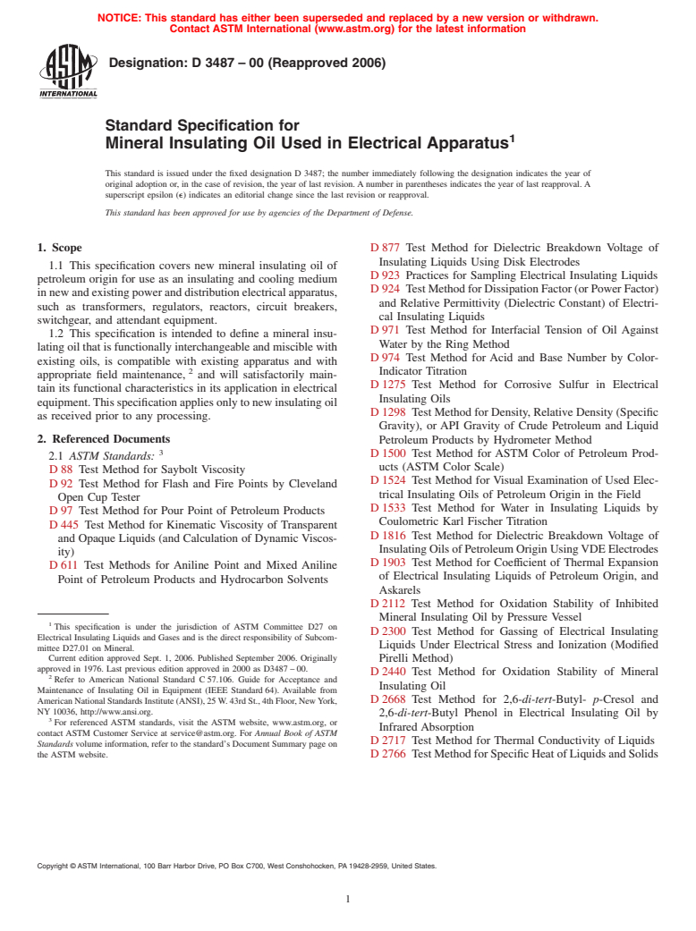 ASTM D3487-00(2006) - Standard Specification for Mineral Insulating Oil Used in Electrical Apparatus