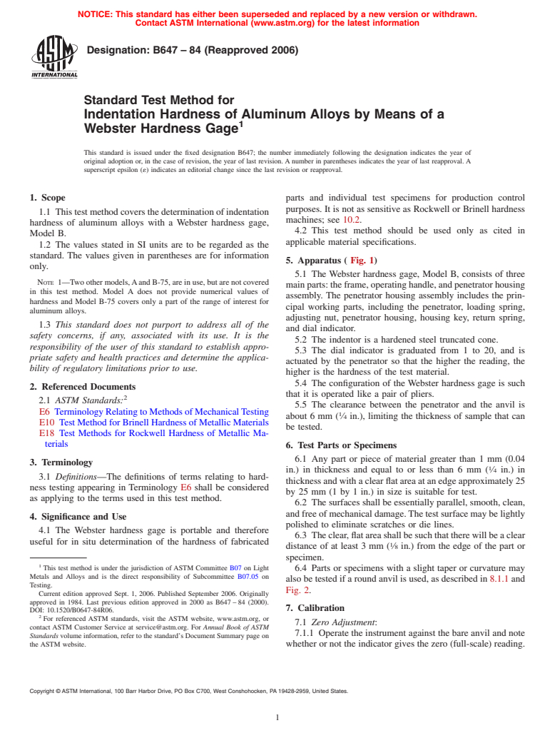 ASTM B647-84(2006) - Standard Test Method for Indentation Hardness of Aluminum Alloys by Means of a Webster Hardness Gage