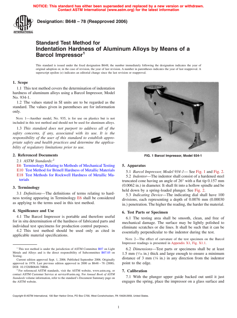 ASTM B648-78(2006) - Standard Test Method for Indentation Hardness of Aluminum Alloys by Means of a Barcol Impressor