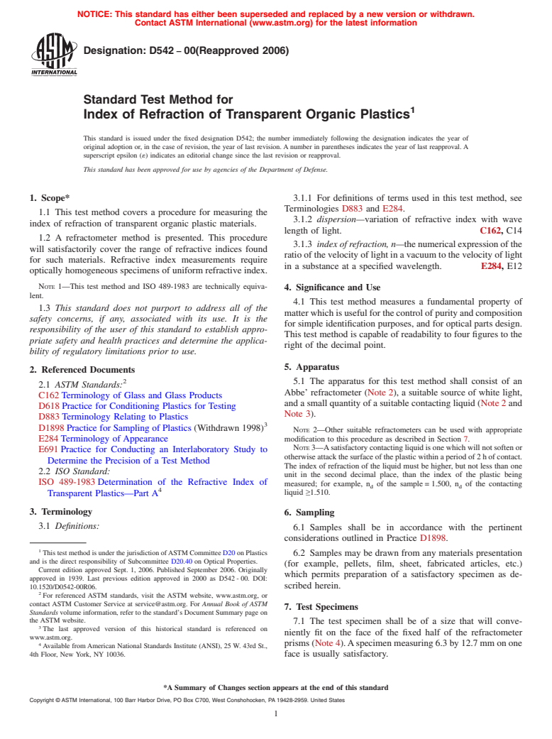 ASTM D542-00(2006) - Standard Test Method for Index of Refraction of Transparent Organic Plastics