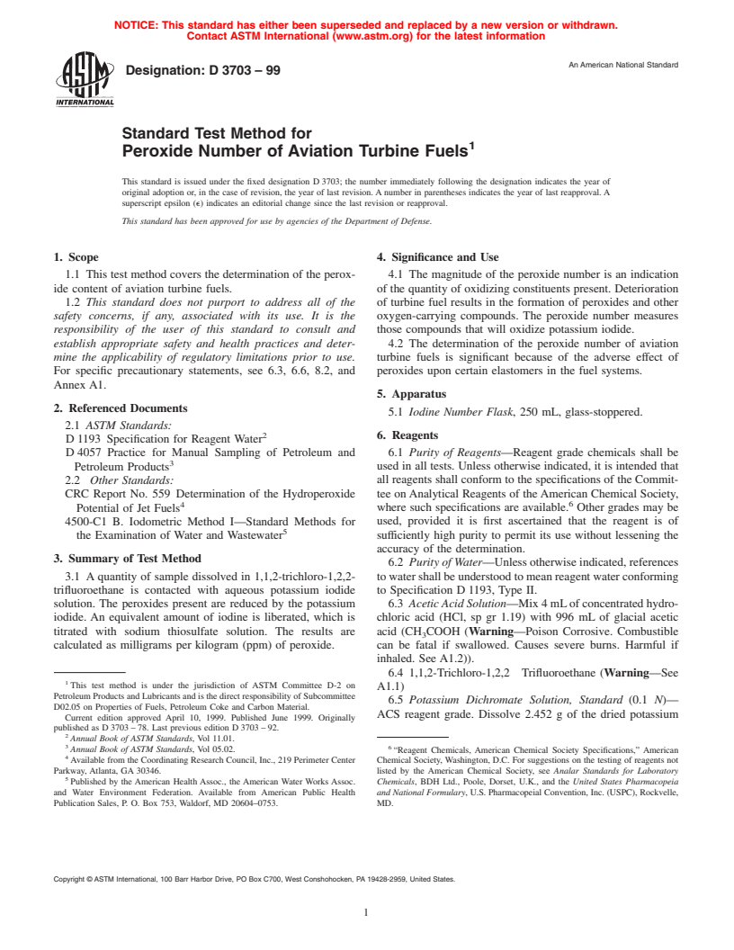 ASTM D3703-99 - Standard Test Method for Peroxide Number of Aviation Turbine Fuels