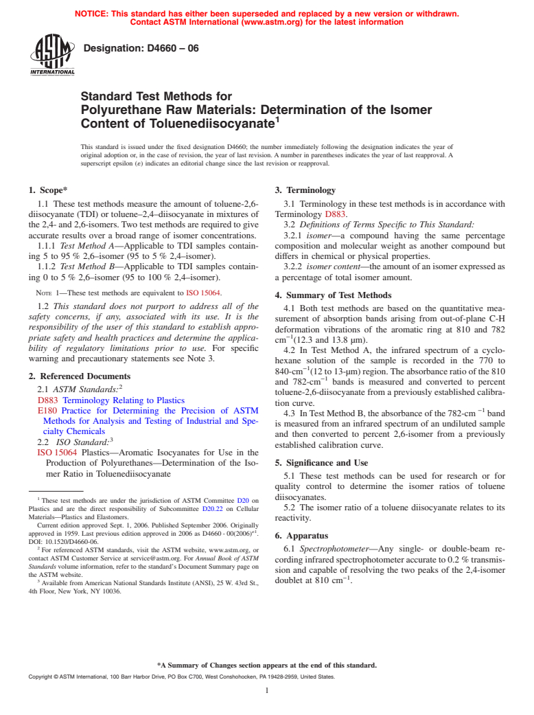 ASTM D4660-06 - Standard Test Methods for Polyurethane Raw Materials: Determination of the Isomer Content of Toluenediisocyanate