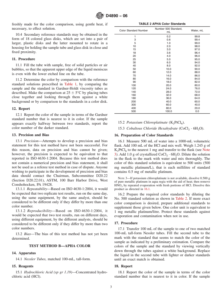 ASTM D4890-06 - Standard Test Methods for Polyurethane Raw Materials: Determination of Gardner and APHA Color of Polyols