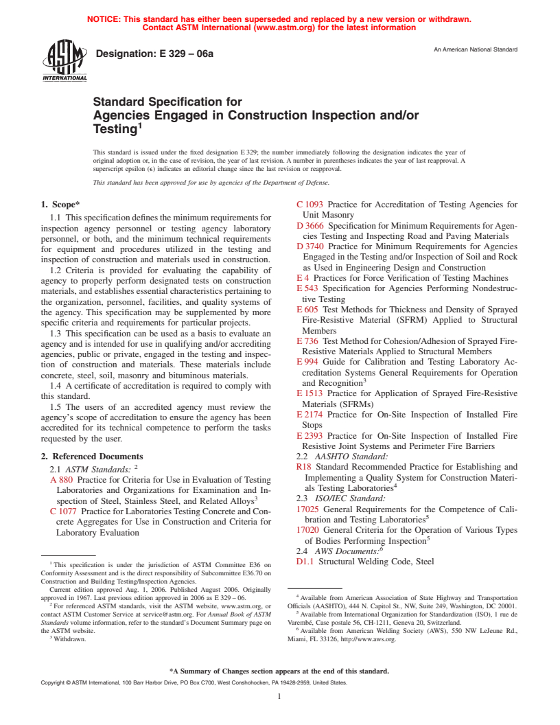 ASTM E329-06a - Standard Specification for Agencies Engaged in Construction Inspection and/or Testing