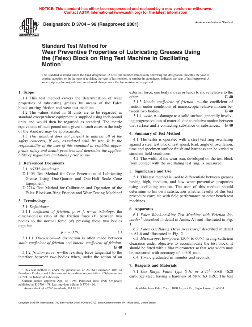 ASTM D3704-96(2001) - Standard Test Method for Wear Preventive Properties of Lubricating Greases Using the (Falex) Block on Ring Test Machine in Oscillating Motion